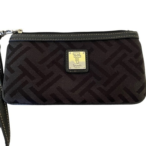 Tignanello Black Canvas Wristlet with Silver Signature Logo Small Travel Wallet - Picture 2 of 6